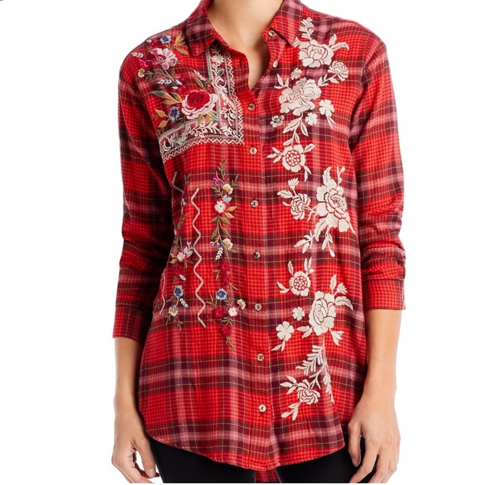 Johnny Was Red Plaid Floral Embroidered Top - SIZE LARGE LIKE NEW